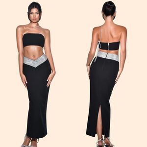 Miss Circle Crystal Black Skirt Set